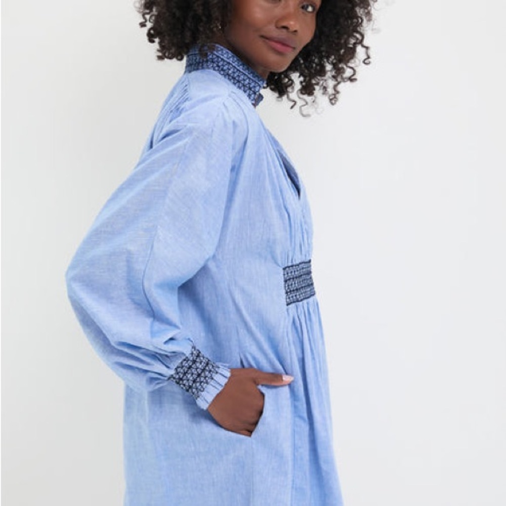 NWT Tuckernuck Aubury Light Blue Long-Sleeve Smocked Waist Mini Dress - Picture 3 of 6